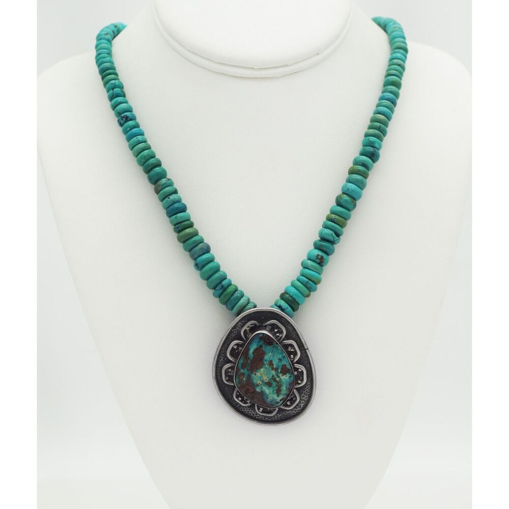 Native American Silver Turquoise Pendant w/Turquoise Rondells Shell Heishi Chain